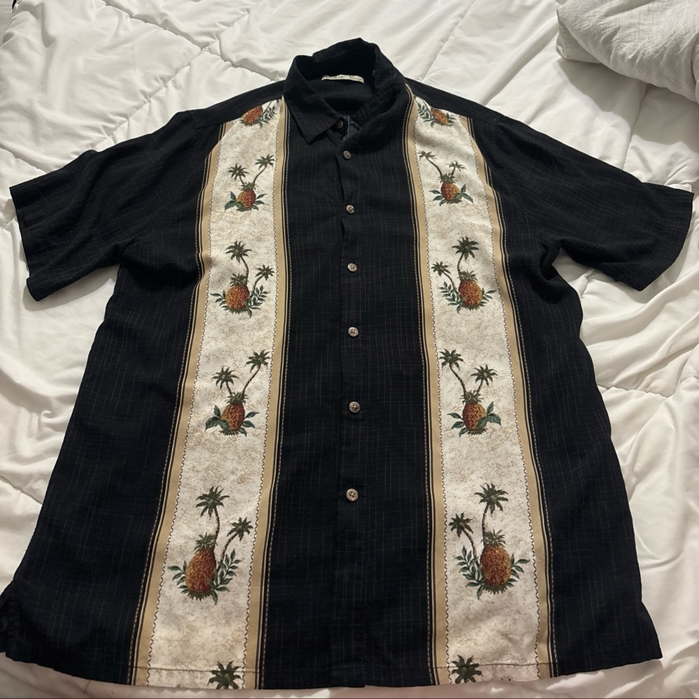 Batik Bay Tropical Black Button Down Shirt with Pineapple Design